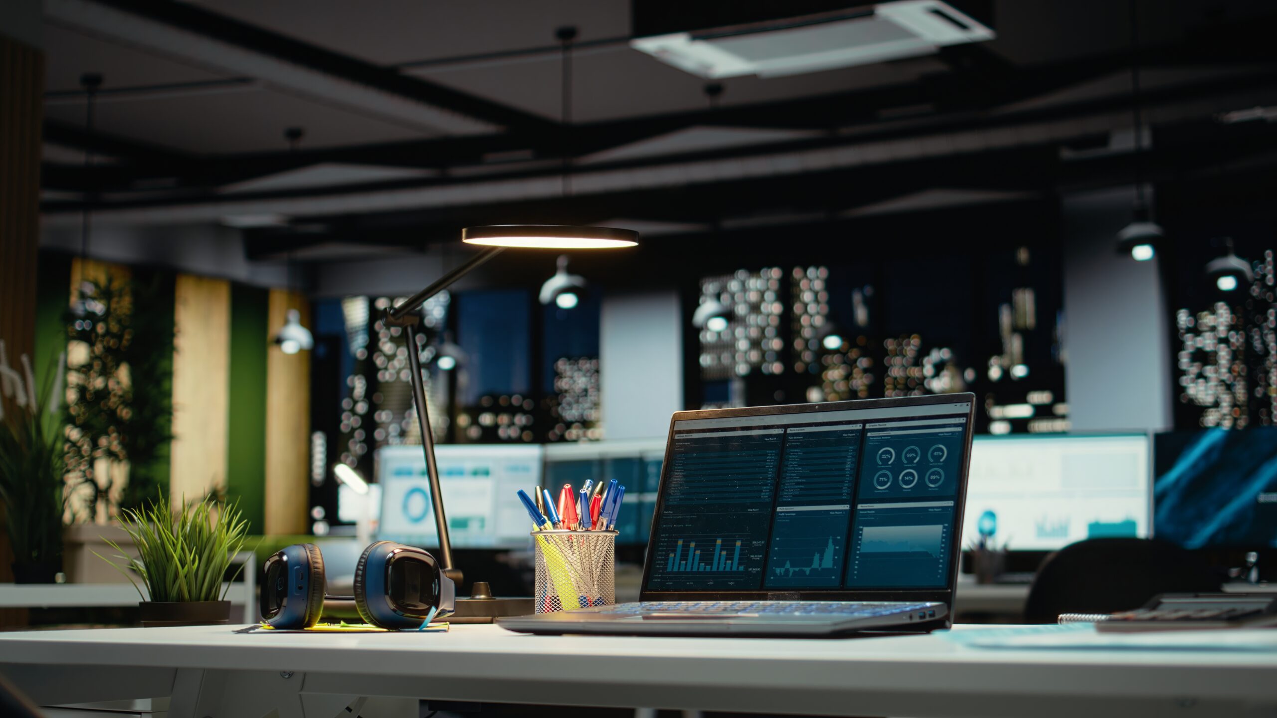 Home Luxurious Modern Office Space With Important Reports Laptop Empty Desk Showcasing Important Data Scaled